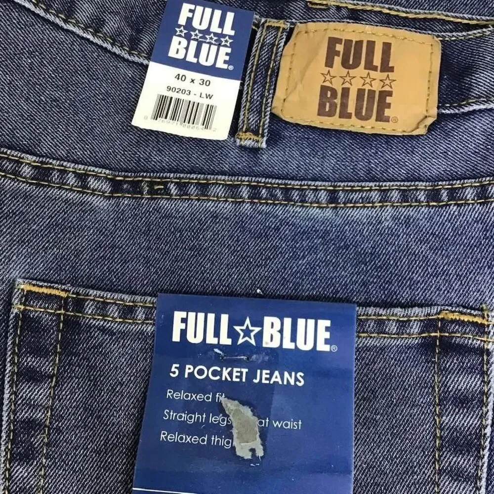 Full Blue Jeans Men 40 x 30 Denim 5 Pocket Relaxed Fit Straight Legs NEW Tag